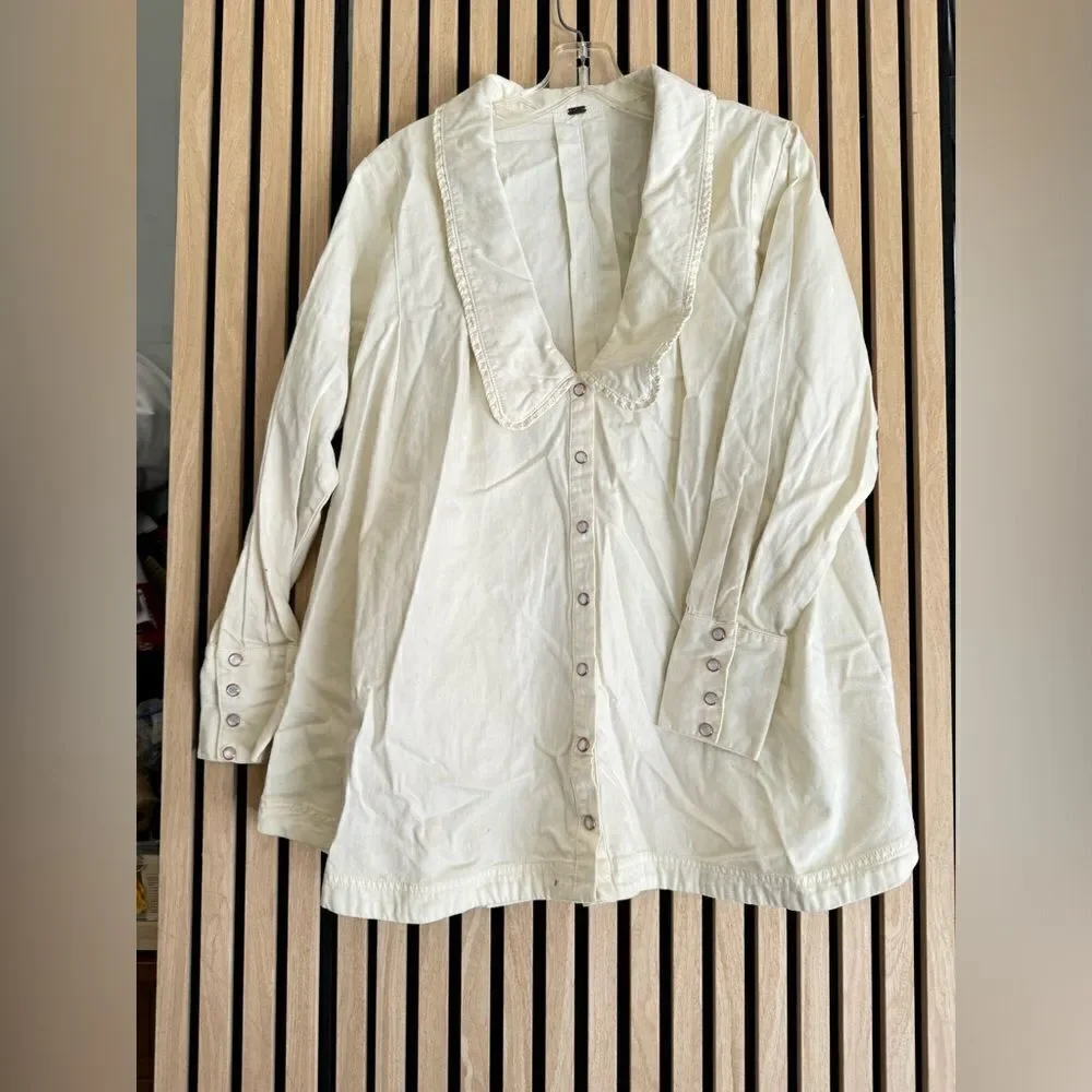NEW FREE PEOPLE Sz CHARLIE DENIM BUTTON DOWN TUNIC TOP MINI DRESS IN E…